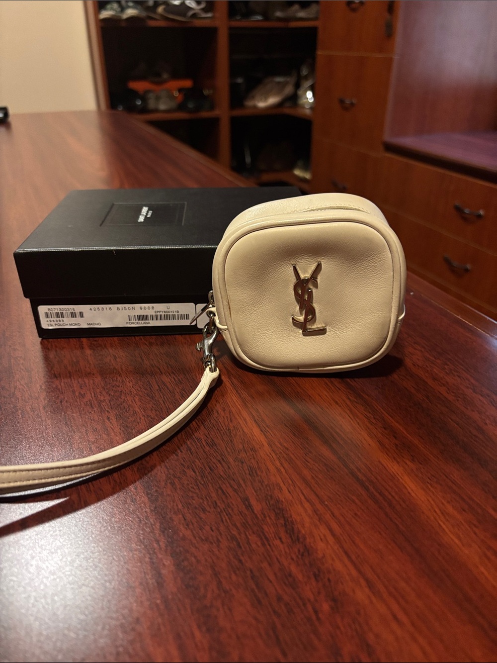 Saint Laurent Cream Leather Logo Wristlet Case with Gold YSL